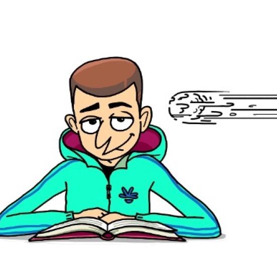 Tegning af en dreng der sidder og læser lige inden, han bliver ramt af en sneboldt, som er undervejs.