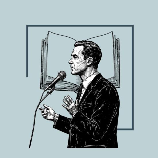 Grafisk stregtegning af "politiker" og en bog