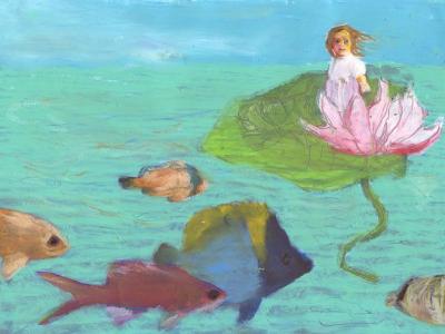 Maleri af Tommelise i åkanden.