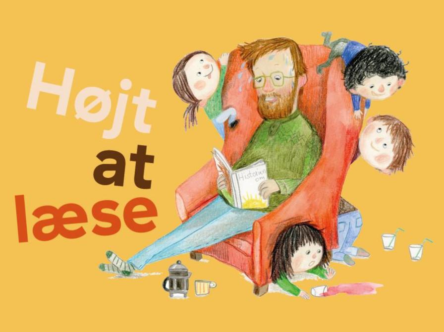 Grafik til podcasten 'Højt at læse'. En tegning af en mand der sidder i en lænestol og læser højt for 4 børn, der leger rundt om ham. 
