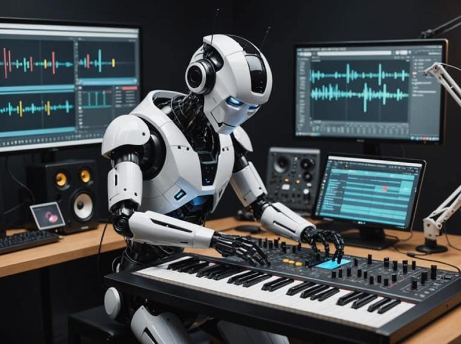 Hvid robot der spiller keyboard med skærme med musikprogrammer i baggrunden.